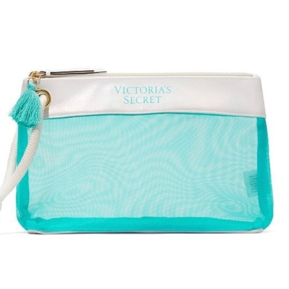 VICTORIA'S SECRET Mesh Makeup Bag Cosmetic Pouch White Blue Tassel